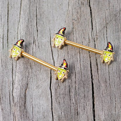 14 Gauge 9/16 Gold Tone Witch Halloween Barbell Nipple Ring Set