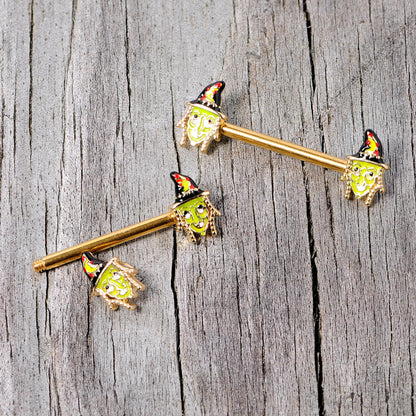 14 Gauge 9/16 Gold Tone Witch Halloween Barbell Nipple Ring Set