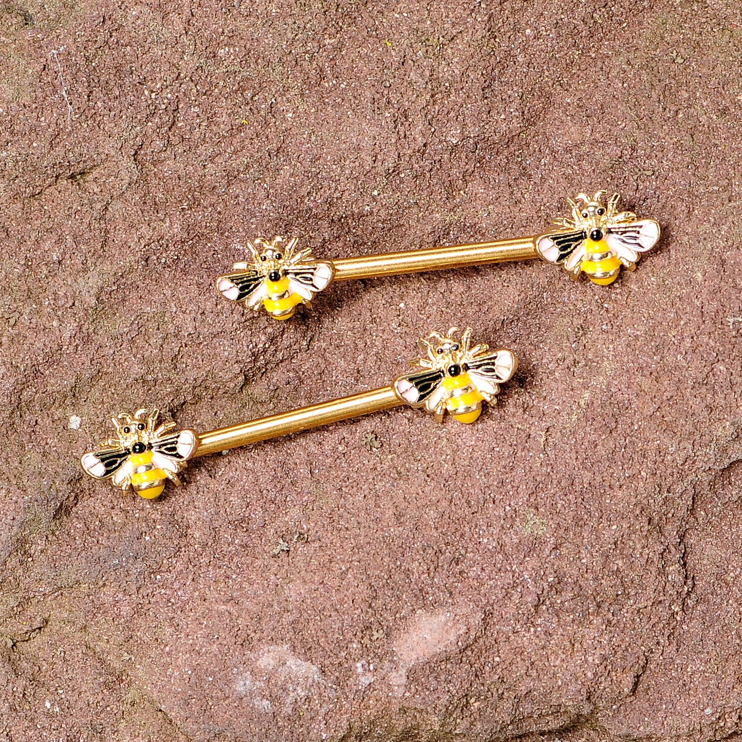 14 Gauge 9/16 Gold Tone Yellow Pink Bee Barbell Nipple Ring Set