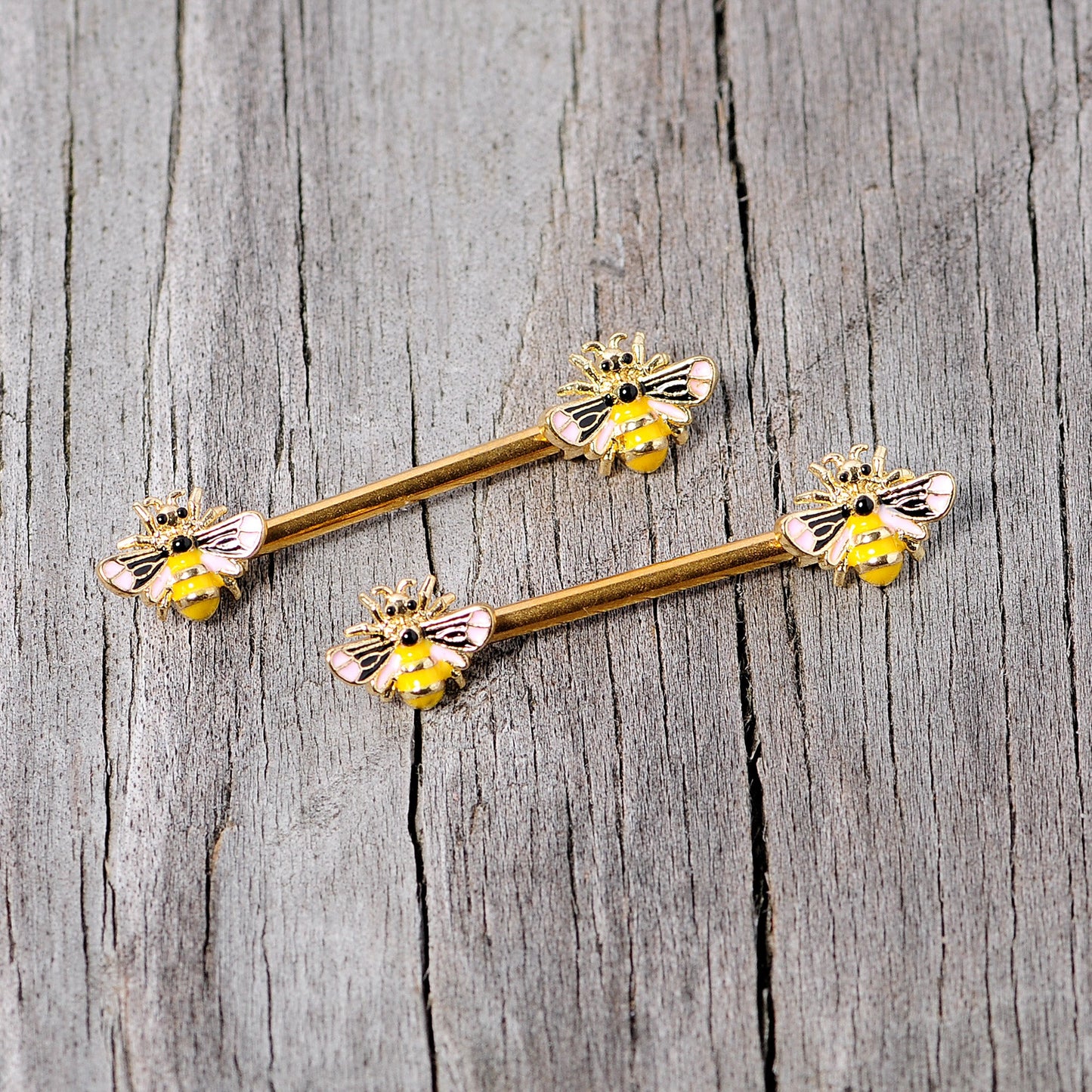 14 Gauge 9/16 Gold Tone Yellow Pink Bee Barbell Nipple Ring Set