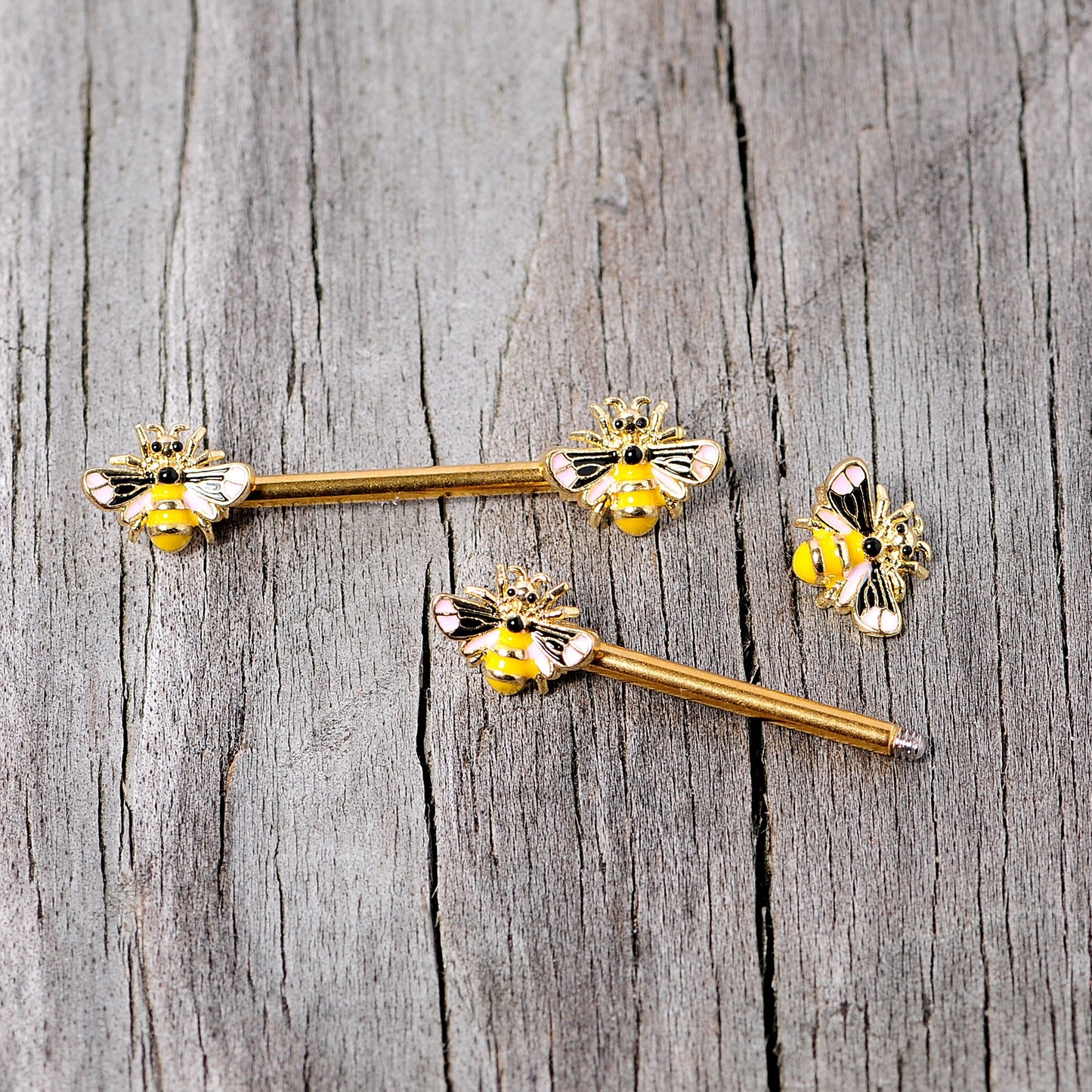 14 Gauge 9/16 Gold Tone Yellow Pink Bee Barbell Nipple Ring Set