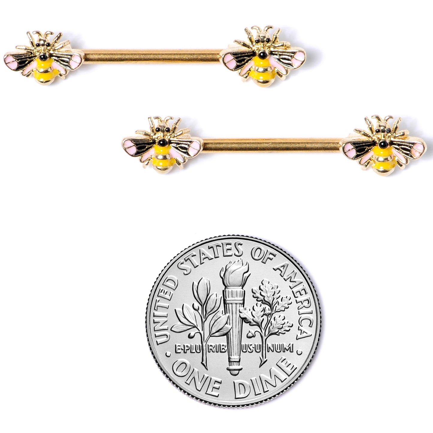 14 Gauge 9/16 Gold Tone Yellow Pink Bee Barbell Nipple Ring Set