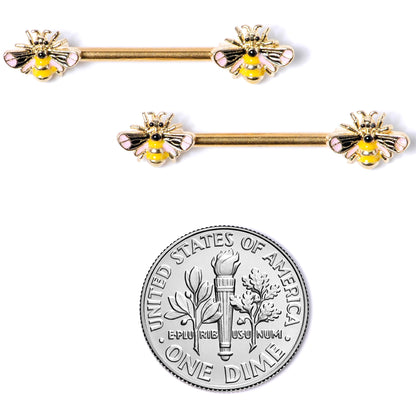 14 Gauge 9/16 Gold Tone Yellow Pink Bee Barbell Nipple Ring Set