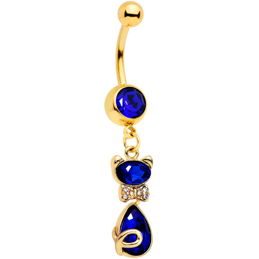 Clear Blue Gem Gold Tone Classy Cat Dangle Belly Ring