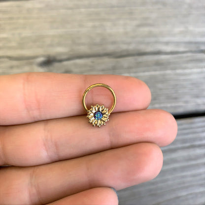 16 Gauge 3/8 Gold Tone Blue Center Sunflower Hinged Segment Ring