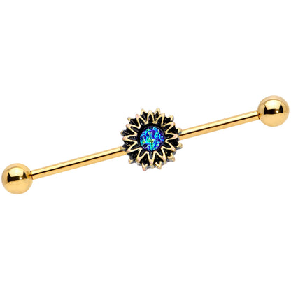 14 Gauge Aqua Gem Gold Tone Sunburst Flower Industrial Barbell 38mm