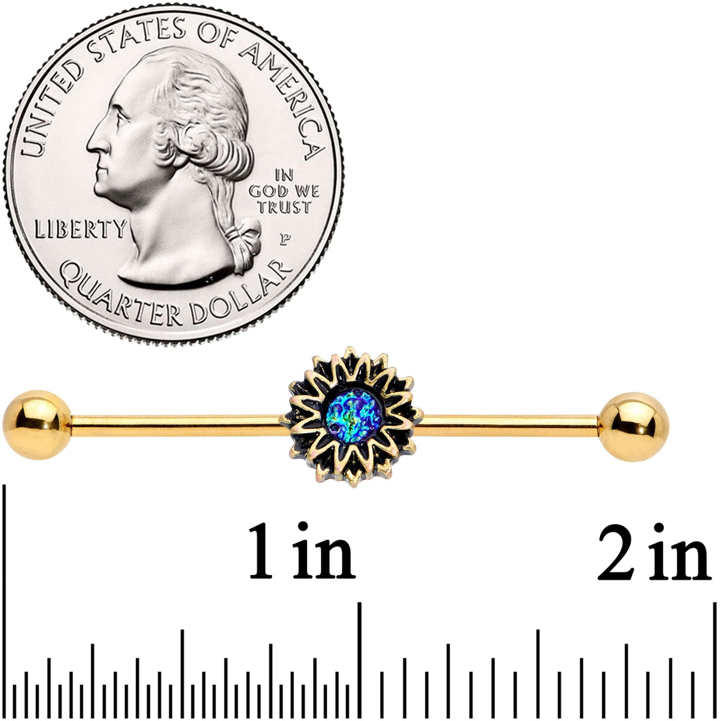 14 Gauge Aqua Gem Gold Tone Sunburst Flower Industrial Barbell 38mm