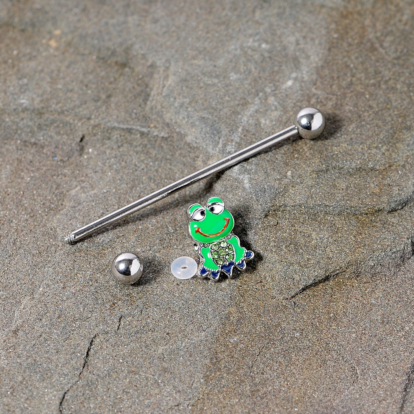 14 Gauge Green Gem Green Goofy Frog Industrial Barbell 38mm