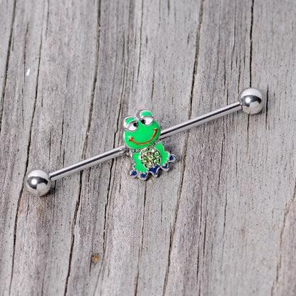 14 Gauge Green Gem Green Goofy Frog Industrial Barbell 38mm