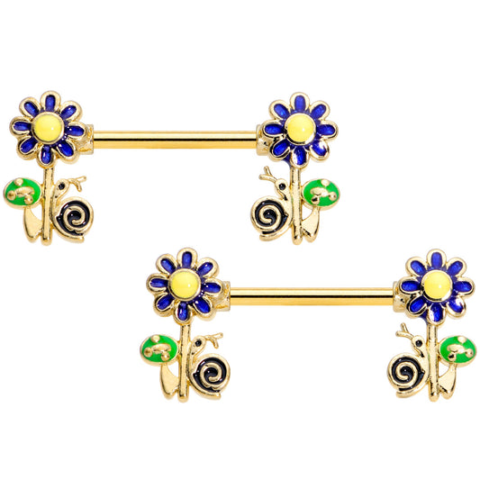 14 Gauge 9/16 Gold Tone Snail Flower Barbell Nipple Ring Set