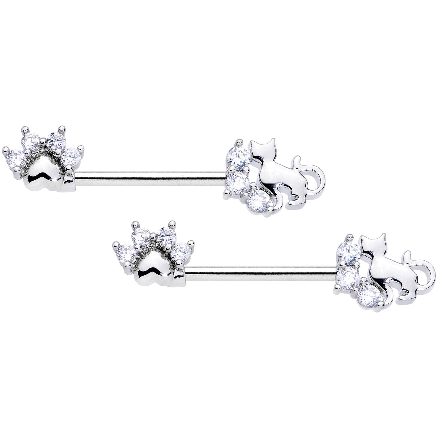 14 Gauge 9/16 Clear CZ Gem Paw Print Cat Barbell Nipple Ring Set