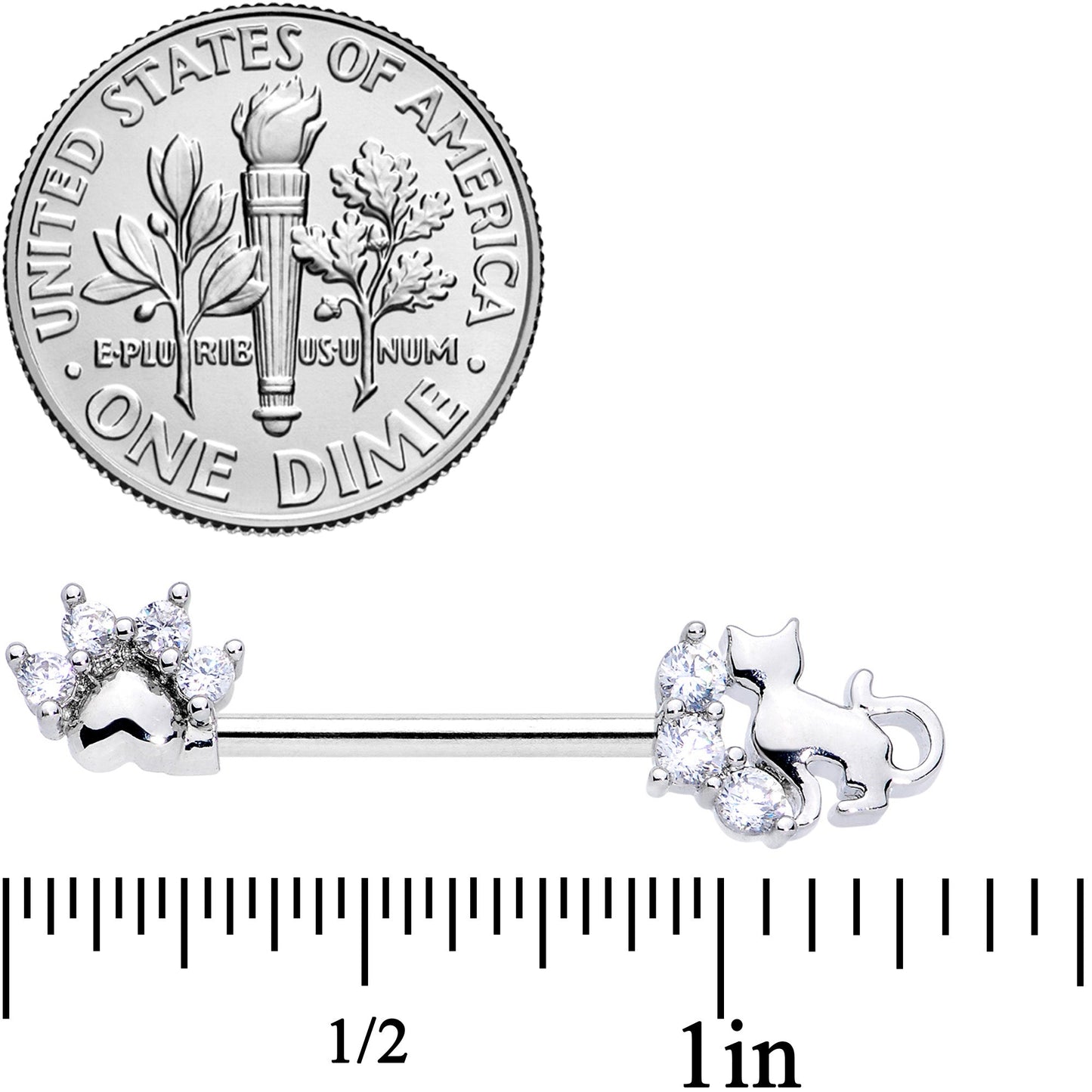 14 Gauge 9/16 Clear CZ Gem Paw Print Cat Barbell Nipple Ring Set