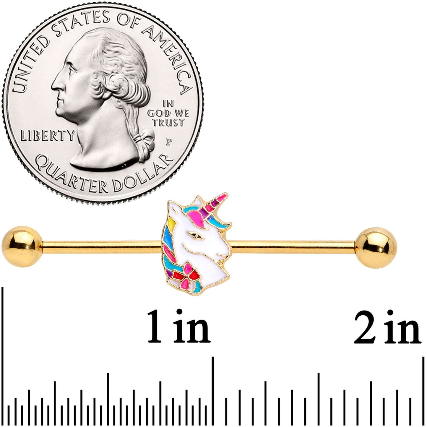 14 Gauge Gold Tone Rainbow Unicorn Industrial Barbell 38mm