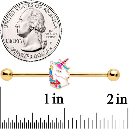 14 Gauge Gold Tone Rainbow Unicorn Industrial Barbell 38mm