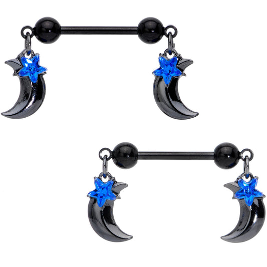 14 Gauge 9/16 Blue Gem Star Moon Dangle Nipple Ring Set