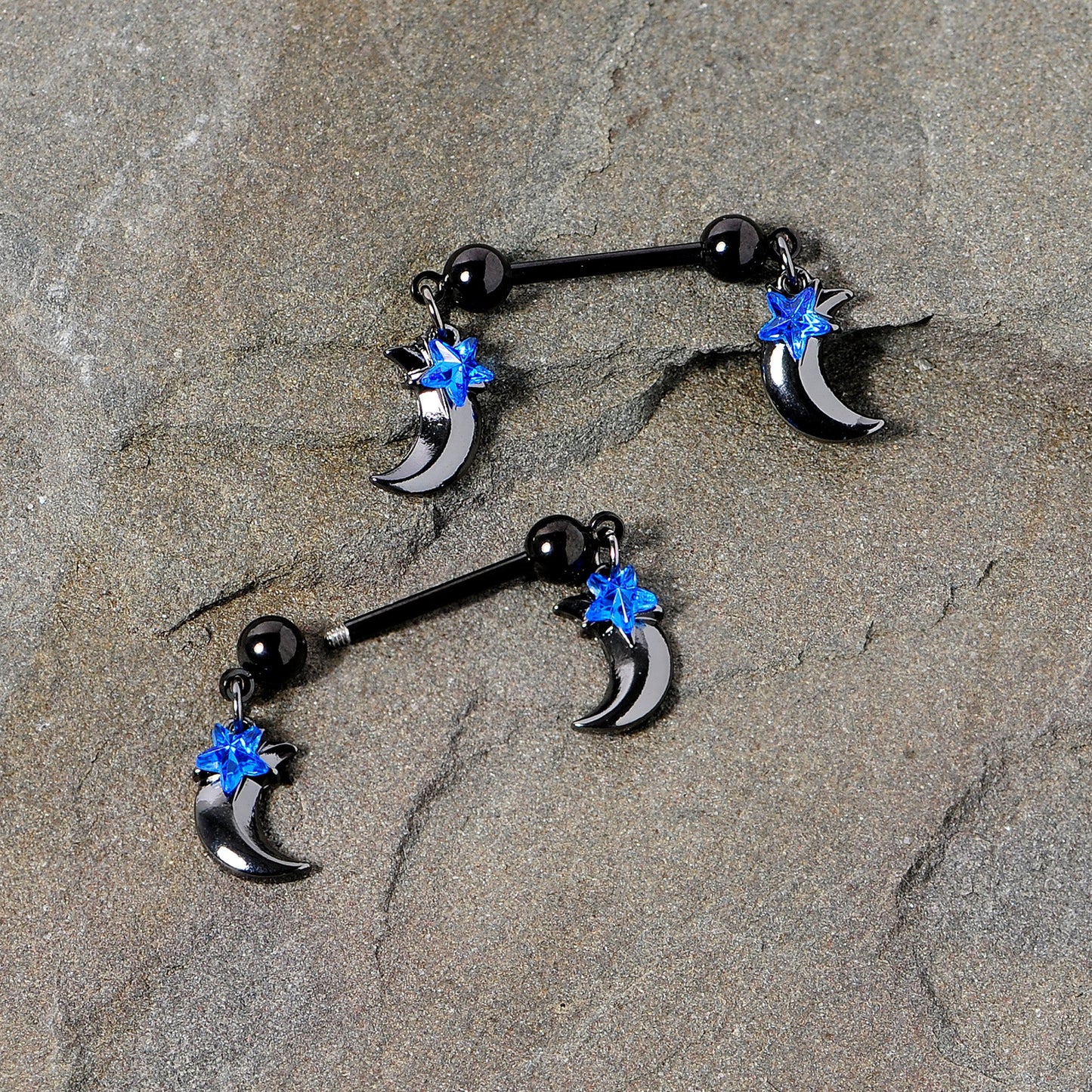 14 Gauge 9/16 Blue Gem Star Moon Dangle Nipple Ring Set