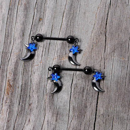 14 Gauge 9/16 Blue Gem Star Moon Dangle Nipple Ring Set