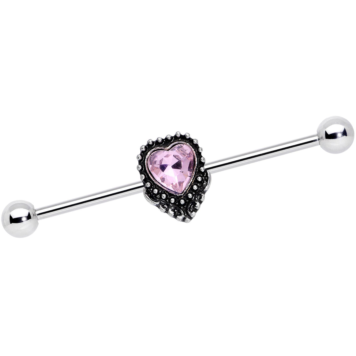 14 Gauge Pink Gem Regal Textured Heart Industrial Barbell 38mm