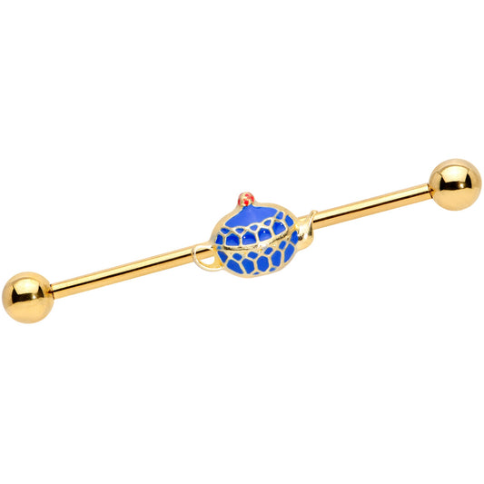 14 Gauge Gold Tone Blue Teapot Industrial Barbell 38mm