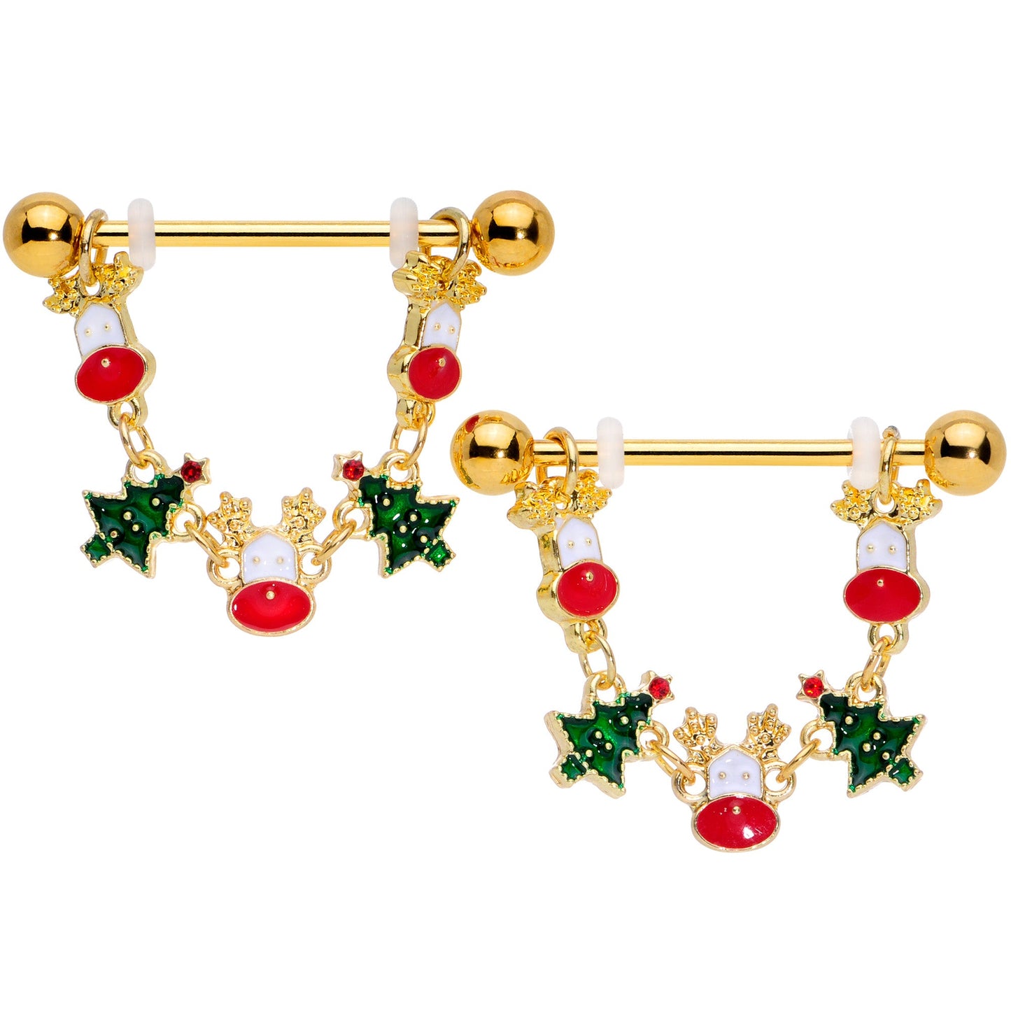 14 Gauge 9/16 Gold Tone Reindeer Christmas Tree Dangle Nipple Ring Set