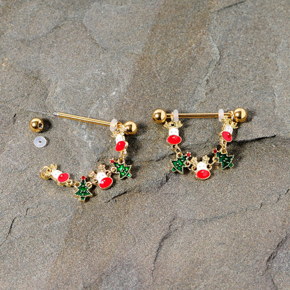 14 Gauge 9/16 Gold Tone Reindeer Christmas Tree Dangle Nipple Ring Set