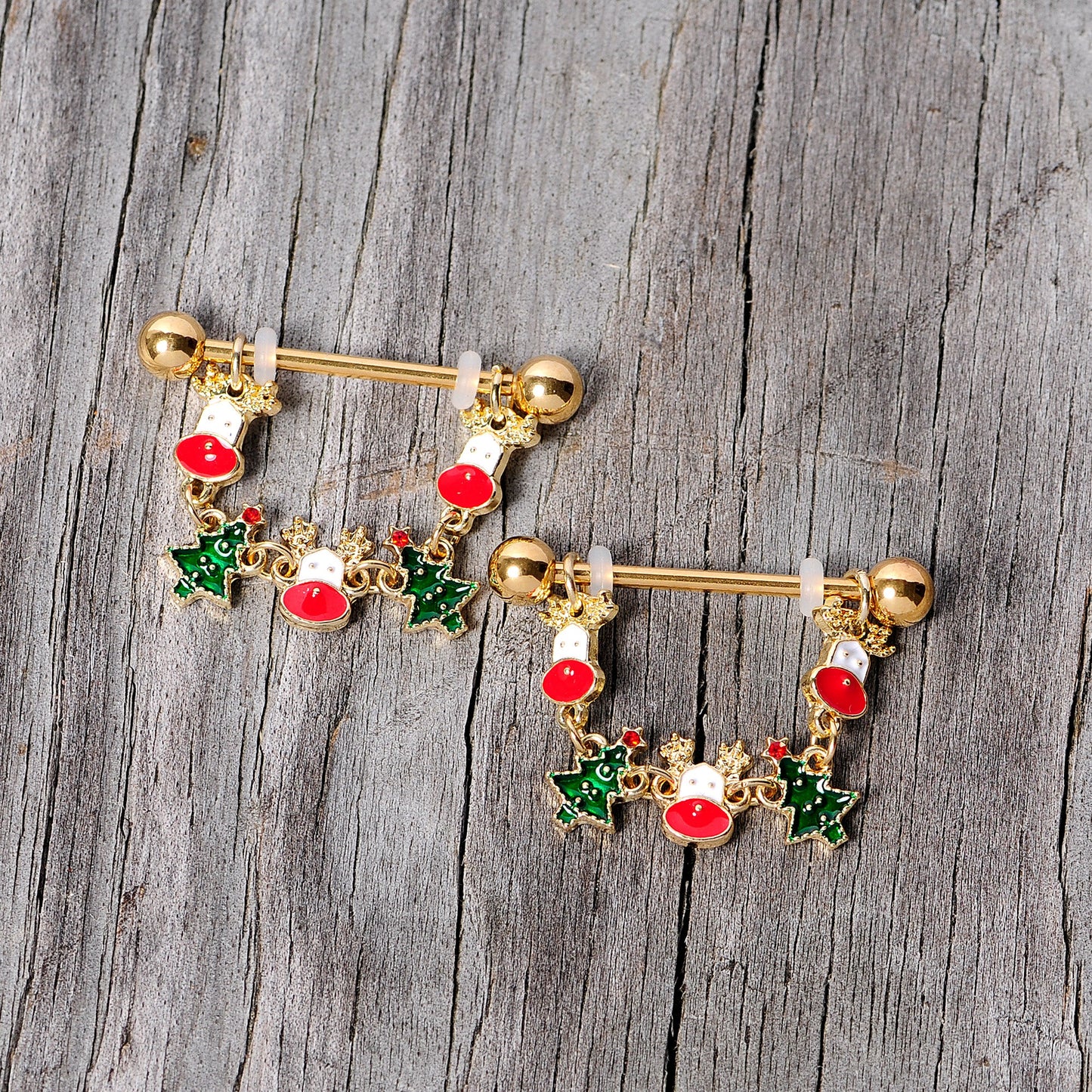 14 Gauge 9/16 Gold Tone Reindeer Christmas Tree Dangle Nipple Ring Set