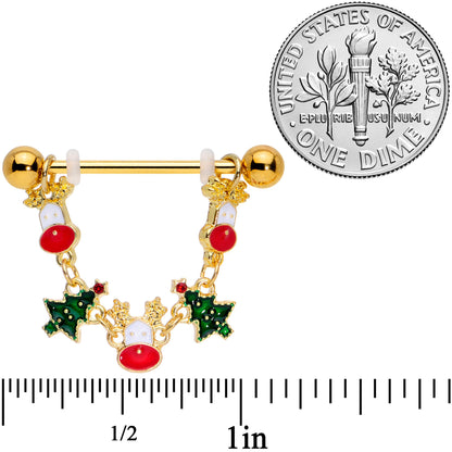 14 Gauge 9/16 Gold Tone Reindeer Christmas Tree Dangle Nipple Ring Set