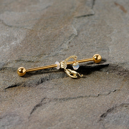 14 Gauge Clear Gem Gold Tone Mouse Moon Industrial Barbell 38mm