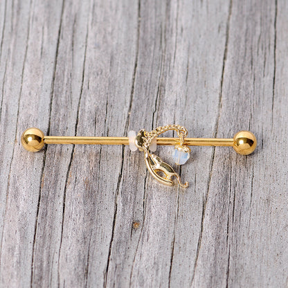 14 Gauge Clear Gem Gold Tone Mouse Moon Industrial Barbell 38mm