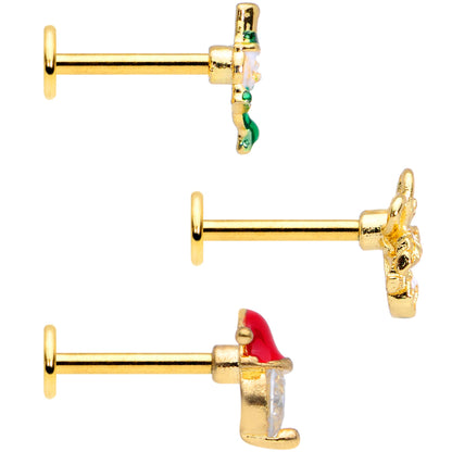 16 Gauge 5/16 Clear Gem Gold Tone Christmas Labret Monroe Tragus Set of 3
