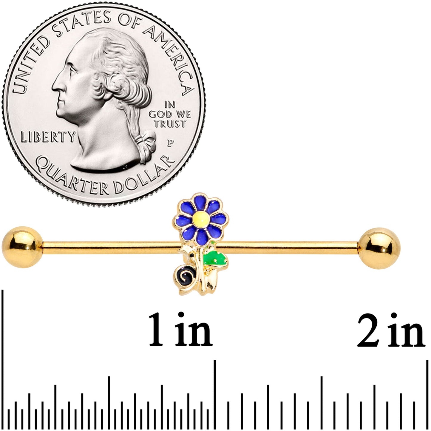 14 Gauge Gold Tone Blue Green Snail Flower Industrial Barbell 38mm