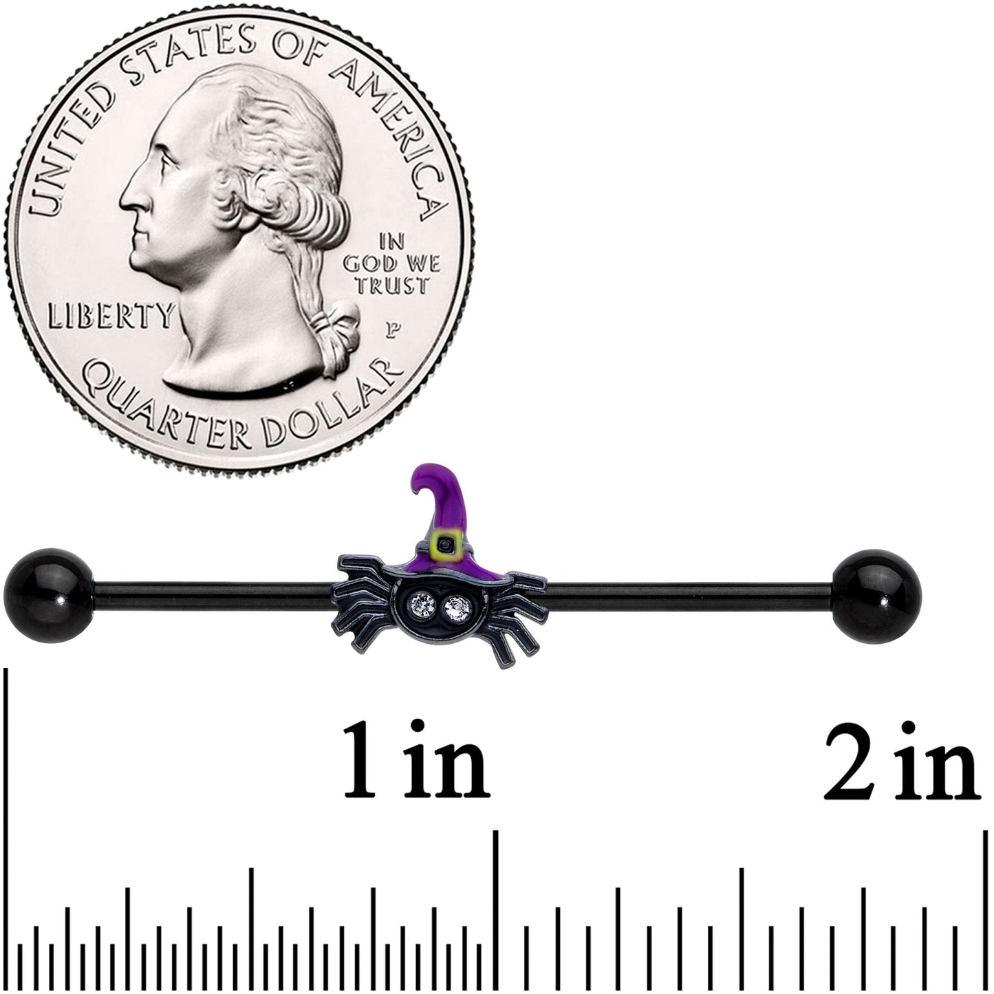 14 Gauge Clear Gem Witchy Spider Halloween Industrial Barbell 38mm