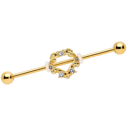 14 Gauge Clear CZ Gem Gold Tone Ornate Heart Industrial Barbell 38mm