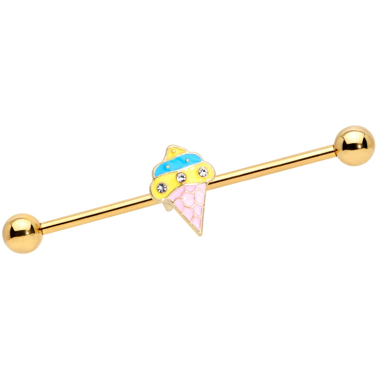 14 Gauge Clear Gem Gold Tone Ice Cream Cone Industrial Barbell 38mm