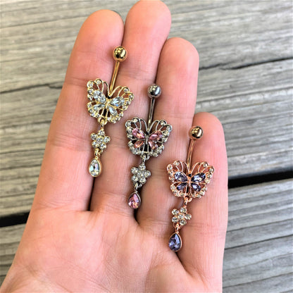 Clear Pink Gem Lacy Butterfly Flower Drop Dangle Belly Ring