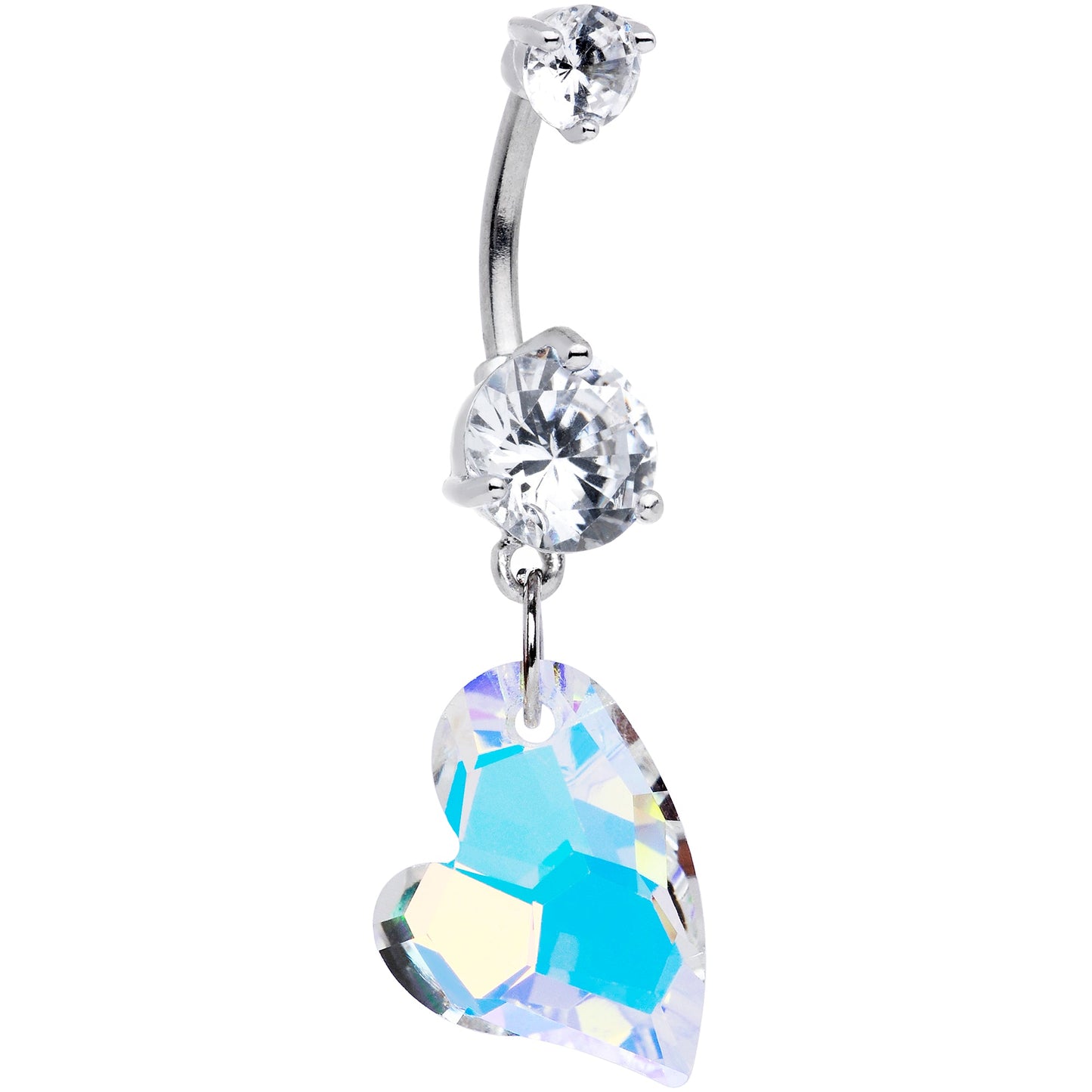 Clear Aurora Gem Stylized Heart Dangle Belly Ring