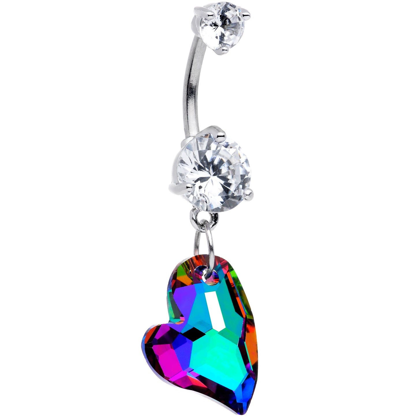 Clear Vitrail Gem Stylized Heart Dangle Belly Ring