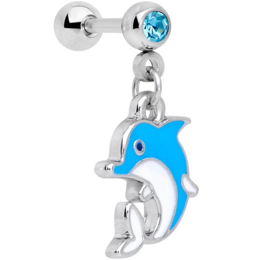 16 Gauge 1/4 Aqua Gem Blue Dolphin Dangle Cartilage Tragus Earring