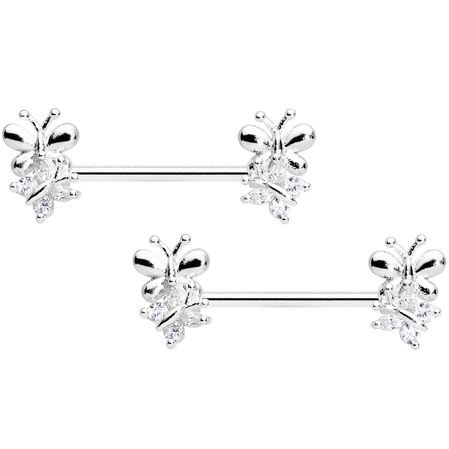 14 Gauge 5/8 Clear CZ Gem Butterfly Barbell Nipple Set