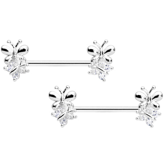 14 Gauge 5/8 Clear CZ Gem Butterfly Barbell Nipple Set