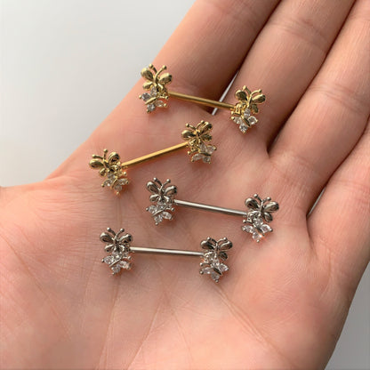 14 Gauge 5/8 Clear CZ Gem Gold Tone Butterfly Barbell Nipple Set