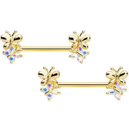 14 Gauge 5/8 Aurora CZ Gem Gold Tone Butterfly Barbell Nipple Set