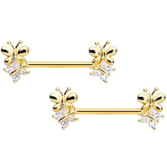 14 Gauge 5/8 Clear CZ Gem Gold Tone Butterfly Barbell Nipple Set