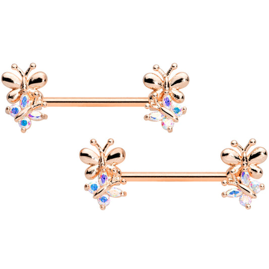 14 Gauge 5/8 Aurora CZ Gem Rose Gold Tone Butterfly Barbell Nipple Set