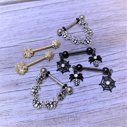 14 Gauge 5/8 Clear Gem Gold Tone Spider Web Barbell Nipple Ring Set