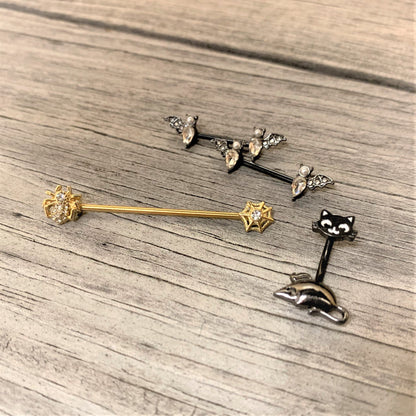 14 Gauge Clear Gem Gold Tone Spider Halloween Industrial Barbell 38mm