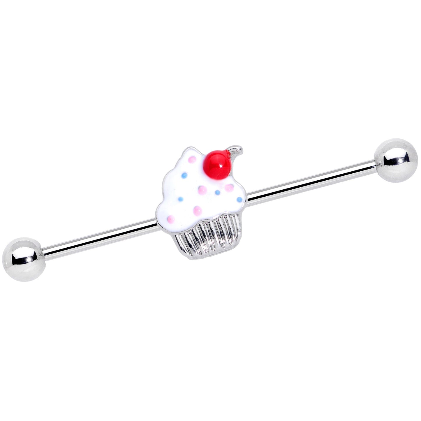 14 Gauge Red White Sprinkle Cherry Cupcake Industrial Barbell 38mm