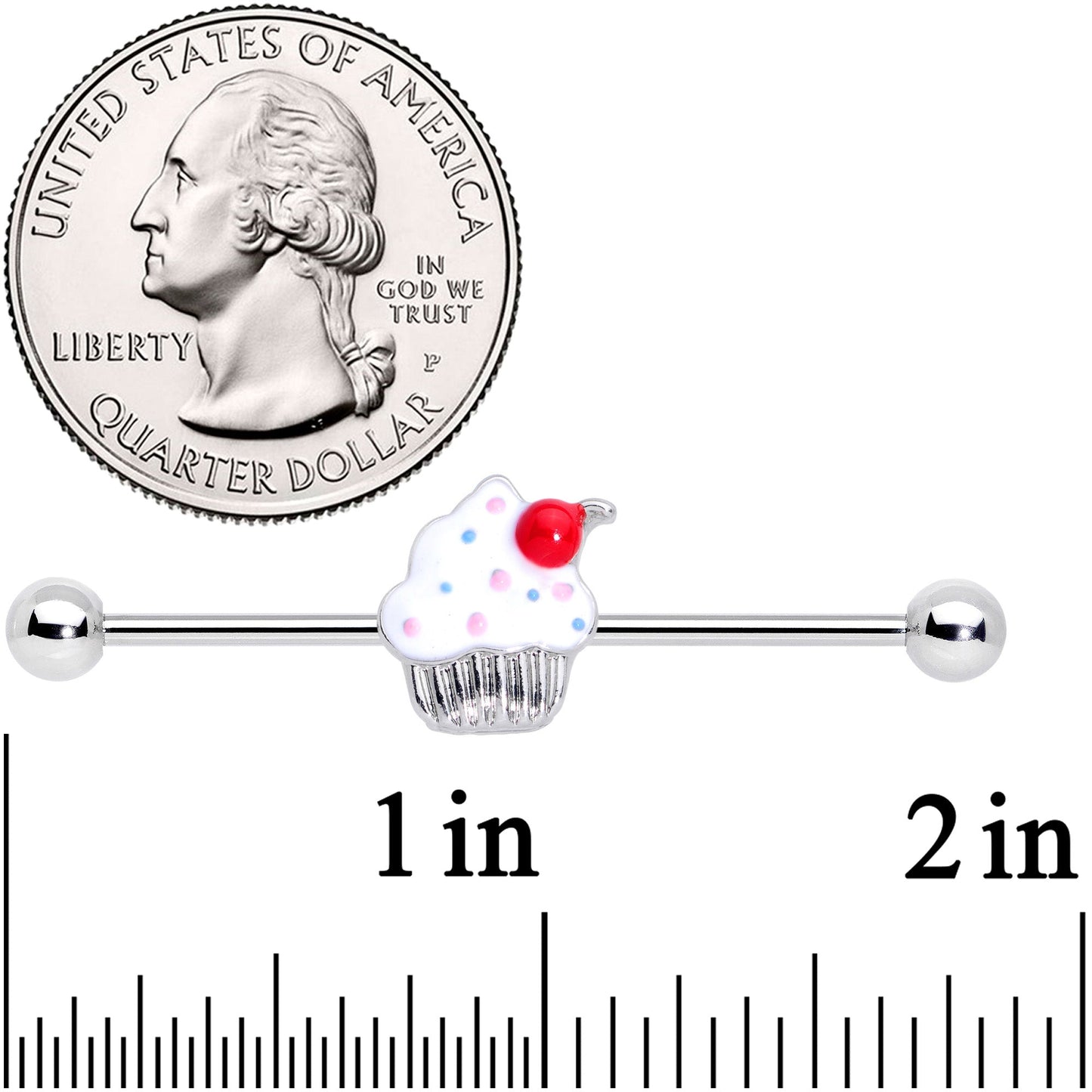 14 Gauge Red White Sprinkle Cherry Cupcake Industrial Barbell 38mm