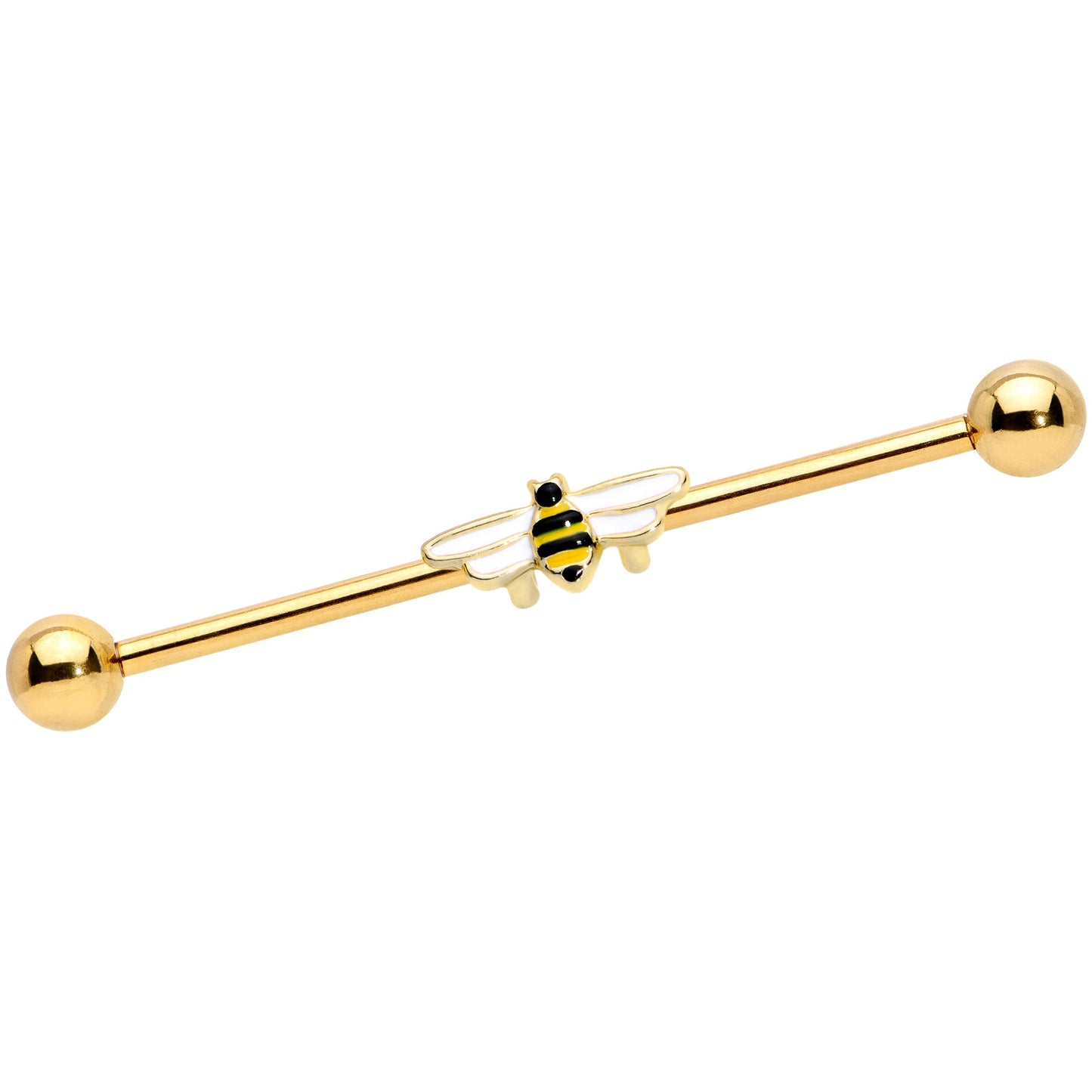 14 Gauge Gold Tone Black White Striped Bee Industrial Barbell 38mm