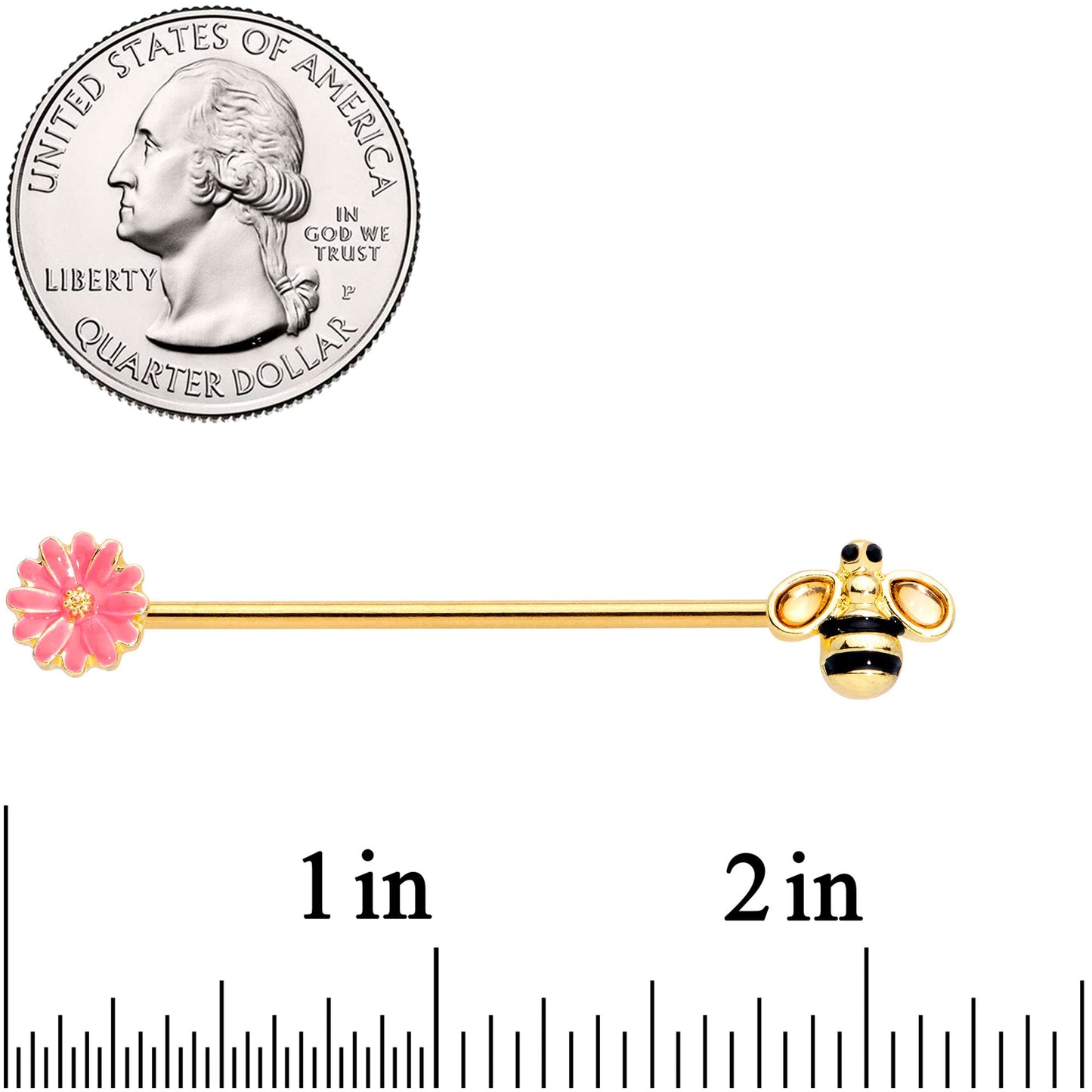 14 Gauge Clear Black Gem Gold Tone Bee Floral Industrial Barbell 38mm